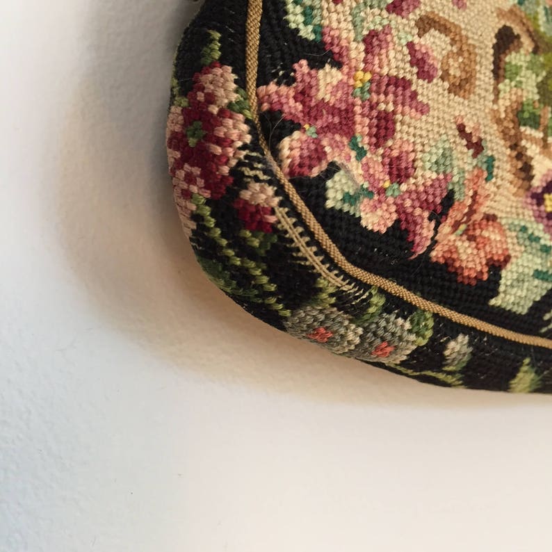 Scarce Enamel Frame Scenic Art Deco Petit Point Purse//Vintage Scenic Purse//Antique Needlepoint Bag//Flower Frame//Art Deco Purse image 9