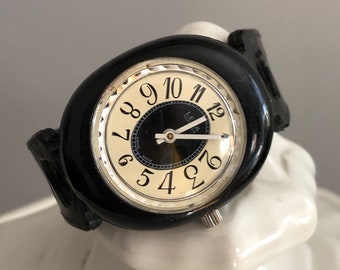 Vintage Leda Superior Swiss Made Wind Watch, Black and White/Mod Pop Wristwatch, c. 1960s /Manual Wind Watch