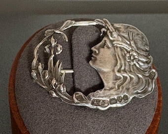 1903 Arthur Johnson Smith Art Nouveau Sterling Brooch, Antique Silver Brooch, Art Nouveau Lady, British Hallmarks