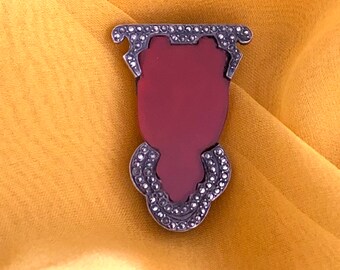 Antique French Marcasite Brooch, c. 1910, Carnelian, Unique Shape/Victorian Marcasite/Antique Victorian Brooch