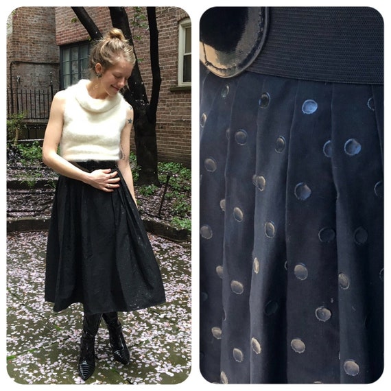 1950s Black Dotted Circle Skirt//Vintage Gathered