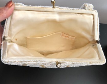 1950s Delill Hand Beaded Purse Made in Belgium vintage Beaded Bag bridal Purse Ivory Pearl Beads Floral handmade Purse designer Handbag Etsy