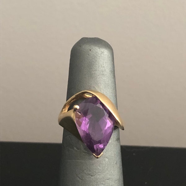 Vintage Clyde Duneier Amethyst 14k Gold Ring, Faceted Pear Shape Amethyst, Art Nouveau Style Ring