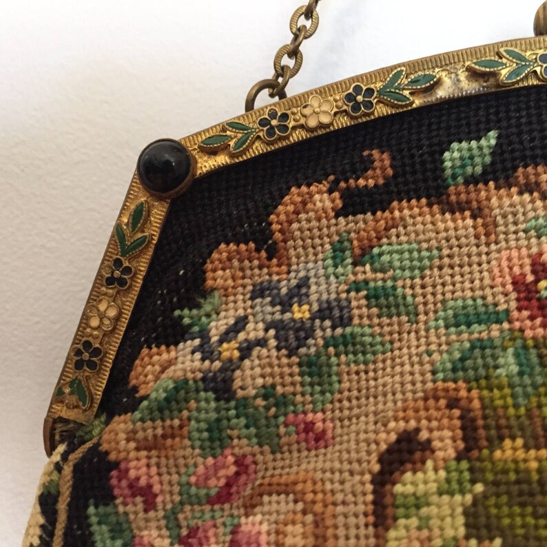 Scarce Enamel Frame Scenic Art Deco Petit Point Purse//Vintage Scenic Purse//Antique Needlepoint Bag//Flower Frame//Art Deco Purse image 5