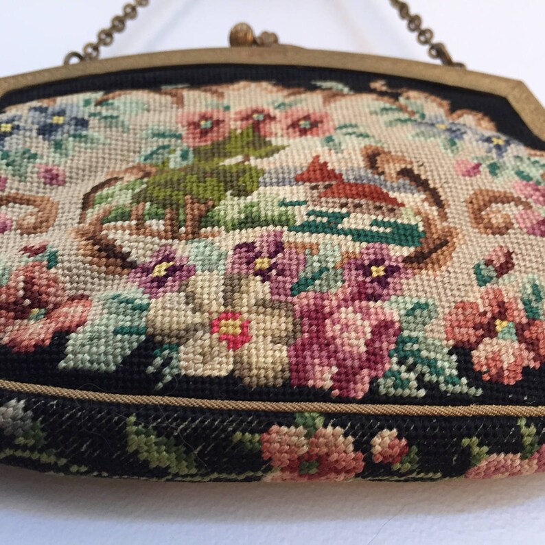 Scarce Enamel Frame Scenic Art Deco Petit Point Purse//Vintage Scenic Purse//Antique Needlepoint Bag//Flower Frame//Art Deco Purse image 7