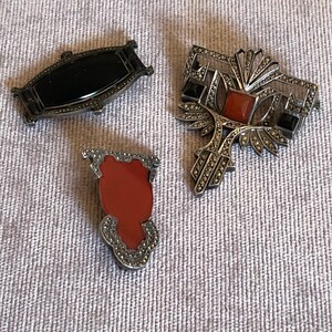 Antique French Marcasite Brooch, c. 1910, Carnelian, Unique Shape/Victorian Marcasite/Antique Victorian Brooch image 4