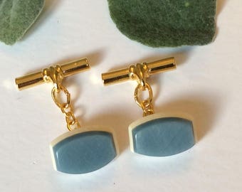 Blue Resin Button Cufflinks w Silver Cross 1980/'s Vintage Cufflinks Mens Gift Idea