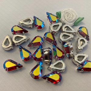 Swarovski #4320 Sew On Vintage Glass Pear shape foiled Rhinestone in Lt Siam AB 13x7.8mm Silver Plated  Pack of 2 Rare