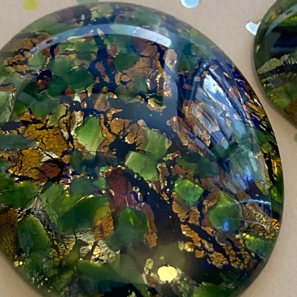 Harlequin Large green Opal glass cabochon Vintage 40x30mm Czech One piece