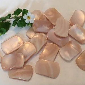 May include: A pile of 15 smooth, pale pink, iridescent, rectangular shell pieces with rounded edges.