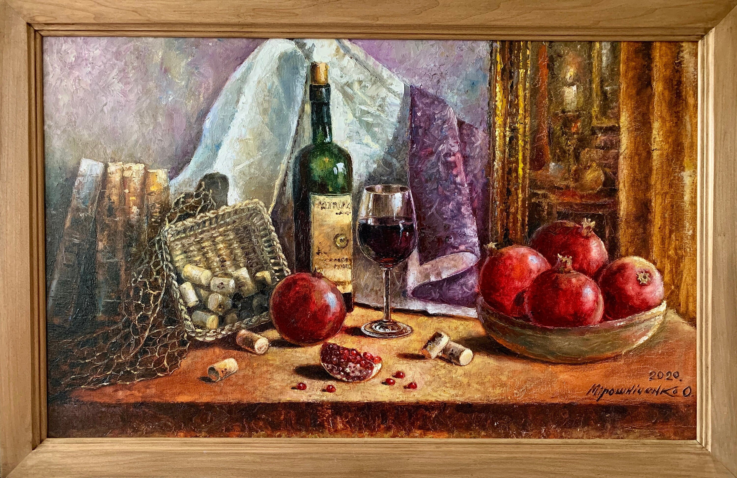 Wine oil painting Still nature with wine and pomegranates Etsy