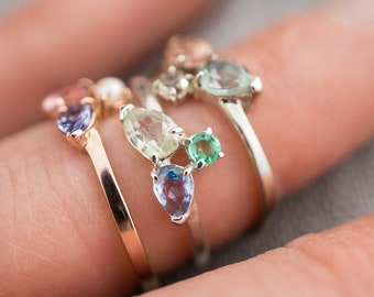 Mini silver cluster ring with mint tourmaline, emerald and tanzanite