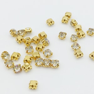 72pcs x 3.8mm Gold Sew On Rhinestone , Clear Crystal Montees, Crystal Glass Chatons (1824)