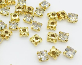 36pcs x 5.4mm Gold Sew On Rhinestone, Clear Crystal Montees, Crystal Glass Chatons (1828)