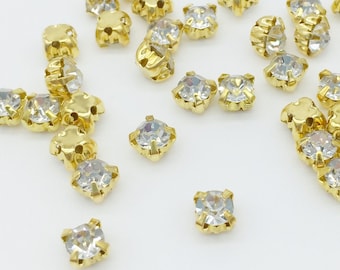 72pcs x 4.4mm Gold Sew On Rhinestone, Clear Crystal Montees, Crystal Glass Chatons (1825)