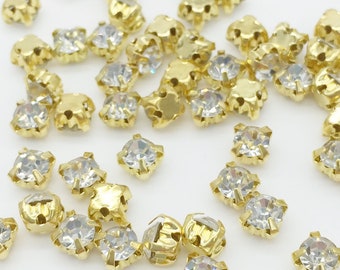 72pcs x 4.5mm Gold Sew On Rhinestone, Clear Crystal Montees, Crystal Glass Chatons (1826)