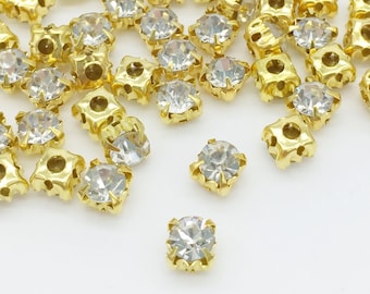 72pcs x 4.8mm Gold Sew On Rhinestone, Clear Crystal Montees, Crystal Glass Chatons (1827)