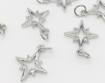 Rhodium Plated Tiny Star Charms, Brass Star Pendants with Cubic Zirconia, Silver Northern Star Compass Charms (0304)