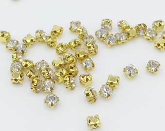 72pcs x 3mm Gold Sew On Rhinestone, Clear Crystal Montees, Crystal Glass Chatons (1823)