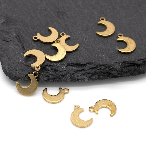 12 x Tiny Raw Brass Crescent Moon Charms, Brass Moon Pendants, Flat Back Moon Charms, DIY Jewellery Supplies (C0057)