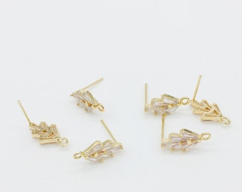 1 pair x Zirconia Wheat Earring Studs, CZ Earring Studs with Loop, 18K Gold Art Deco Earring Posts Blanks, DIY Earring Components (1608)