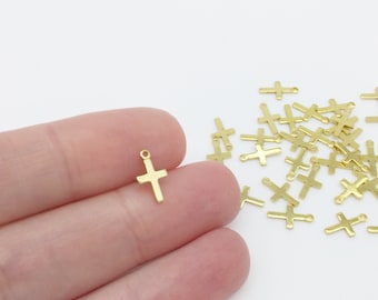 40 x Dainty Cross Charms, Polished Brass Tiny Cross Pendant, Brass Jewelry Findings, Minimalist Cross Pendants (0369)