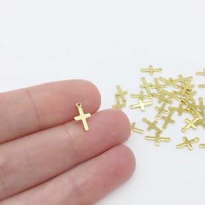 40 x Dainty Cross Charms, Polished Brass Tiny Cross Pendant, Brass Jewelry Findings, Minimalist Cross Pendants (0369)