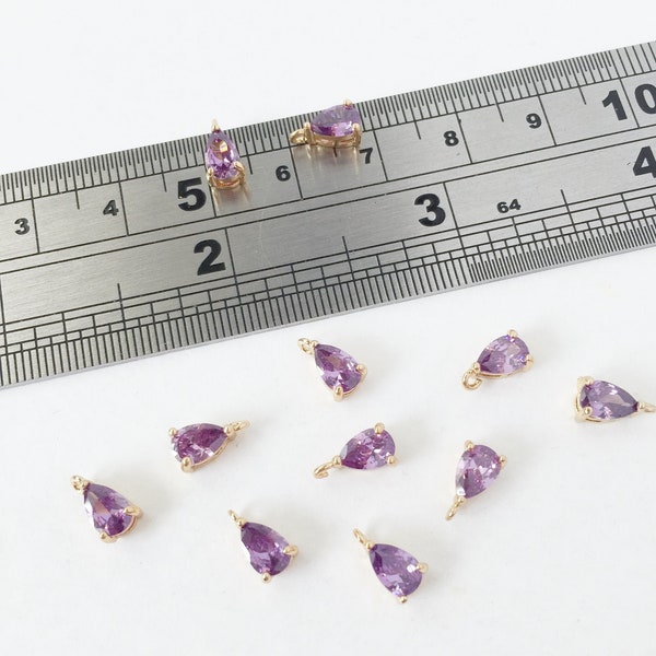 4 x Tiny Purple Zirconia Teardrop Charms Dainty CZ Pendants Small Teardrop Cubic Zirconia Charms in Gold (1584)