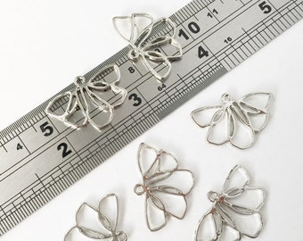 6 x Platinum Plated Flower Pendants, Silver Flower Earring Connectors, Half Flower Links, Silver Flower Charms (0869)