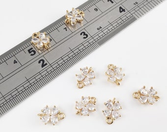 1 x 18K Gold Cubic Zirconia Flower Charms, Gold Plated Flower Links with Cubic Zirconia, Dainty Crystal Flower Connector (0005)