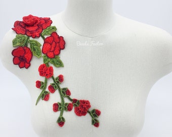 Red Embroidered Flowers Applique Red Rose Embroidery Patch 3D Floral Applique for Clothing Decoration