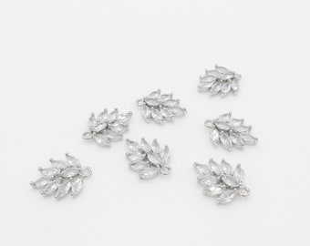 2 x Rhodium Plated Cubic Zirconia Leaf Shaped Charms, Silver CZ Pendants, Earring Making Pendants, Shiny Zirconia Pendant (3805)