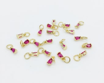 4 x Tiny 18K Gold Plated Deep Pink Teardrop Cubic Zirconia Charms with Jump Rings, 3x8mm (3967)