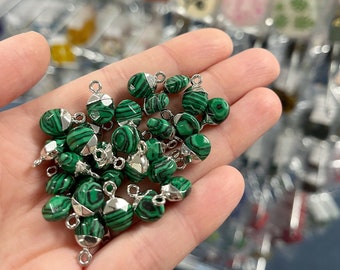 2 x Rhodium Plated Lightly Faceted Oval Malachite Charms, Imitation Malachite Earring Charms