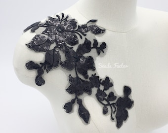 Beaded Lace Applique Black Lace Patch Lace Applique with Sequins Floral Lace Applique for Evening Dress Dancewear Leotards