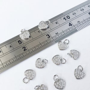 2 x Platinum Plated Tiny Heart Charms, 10mm Brass Heart Pendants with Cubic Zirconia (0556P)