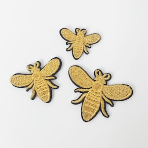 Gold Bee Iron-on Patch, Bee Embroidery, Queen Bee Motif, Bee Applique, Embroidered Bee Badge Three Sizes