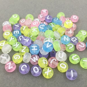 100 x Colourful Transparent Alphabet Beads, 7mm Bracelet Initial Beads, Small Letter Beads