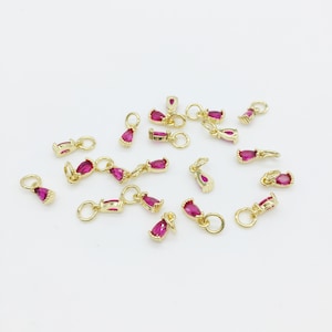 4 x Tiny 18K Gold Plated Deep Pink Teardrop Cubic Zirconia Charms with Jump Rings, 3x8mm (0168)