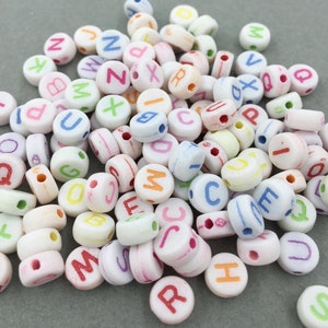 100 x Vintage Look Opaque White Alphabet Beads with Colourful Letters, 7mm Bracelet Initial Beads, Small Letter Beads