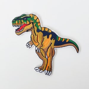Tyrannosaurus Iron-on Patch, Bright T-Rex Embroidery, T-Rex Motif, Dinosaur Applique, Embroidered Dinosaur Badge, Tyrannosaurus Badge