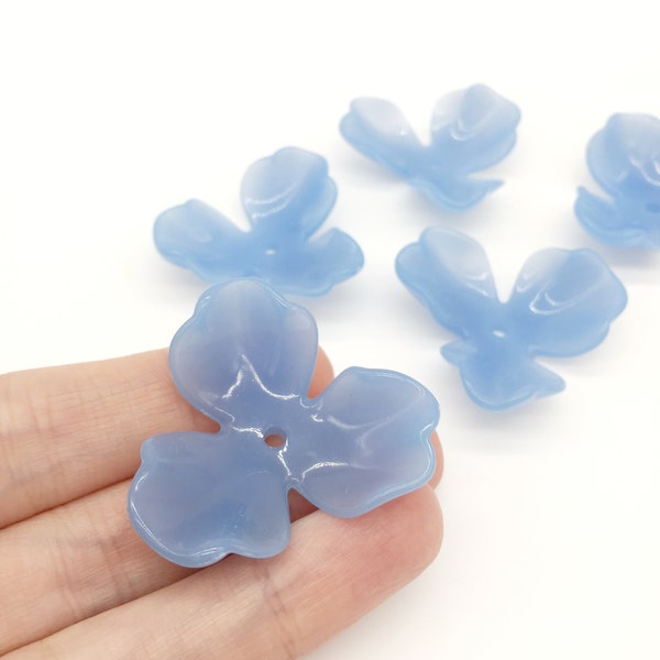 6 x Large Light Blue Flower Beads, Glossy Blue Three Petal Flower Bead Caps, Extra Large Acrylic Flowers for Headpiece Making (3251)