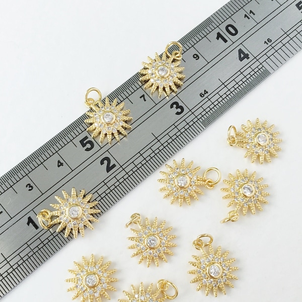 1 x Gold Plated Sun Charms with Cubic Zirconia Gold Plated Brass Sun Pendants (0280)