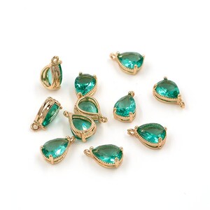 2 x Green Faceted Glass Teardrop Pendants, 14K Gold Plated Teardrop Crystal Charms, 11x6mm (1377)
