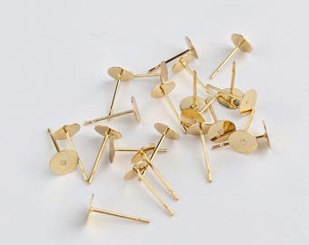 20 x 18K Gold Plated Stainless Steel Earring Posts, 6x12mm Round Flat Pad Earring Studs Findings