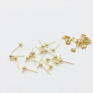 6 pairs x 24K Gold Ball Stud Earrings, Gold Stud Earring Findings, Ball Stud Earring Blanks, 4mm Ball Studs Waterproof Steel Findings (1905)