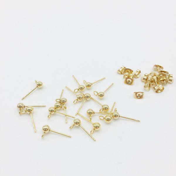 6 pairs x 24K Gold Ball Stud Earrings, Gold Stud Earring Findings, Ball Stud Earring Blanks, 4mm Ball Studs Waterproof Steel Findings (1905)