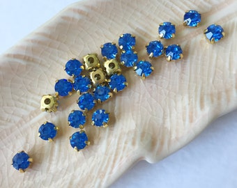 Strass saphir clair de 48 x 4 mm ou 5 mm en or, strass à coudre, rond à coudre sur strass en verre, strass bleu, montés bleu clair