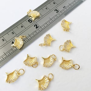 1 x Gold Plated Ginkgo Leaf Charms with Cubic Zirconia Gold Tone Brass Ginkgo Pendants
