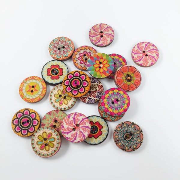 20 x Colourful Wooden Buttons Printed Wooden Buttons Boho Buttons 19mm Round Buttons